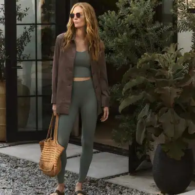 Non-toxic organic cotton leggings by Pact in beige, soft breathable everyday leggings made without harmful chemicals.