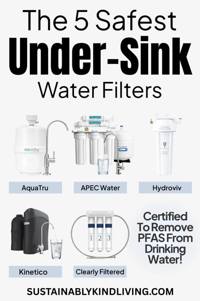 Image showing the five safest under-sink water filters certified to remove PFAS, including AquaTru, APEC Water, Hydroviv, Kinetico, and Clearly Filtered.