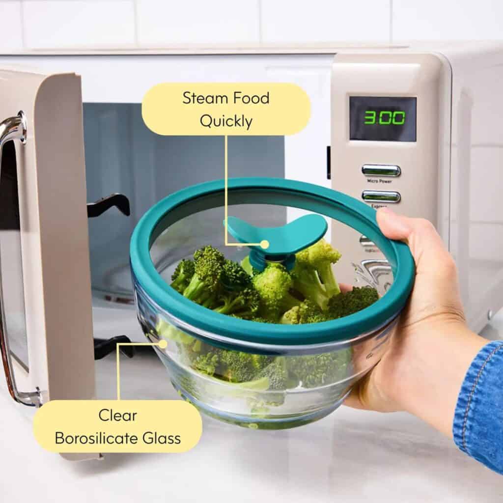 Broccoli steaming in Anyday borosilicate glass bowl inside microwave