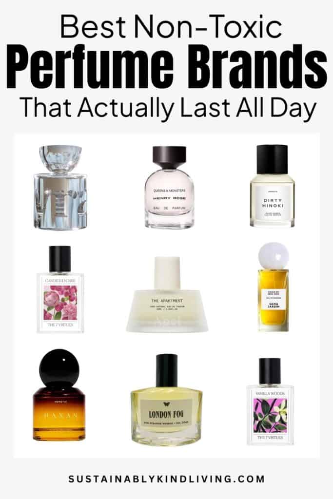 Image showing best non-toxic perfume brands that last all day, featuring clean fragrance bottles from natural and transparent perfume companies.