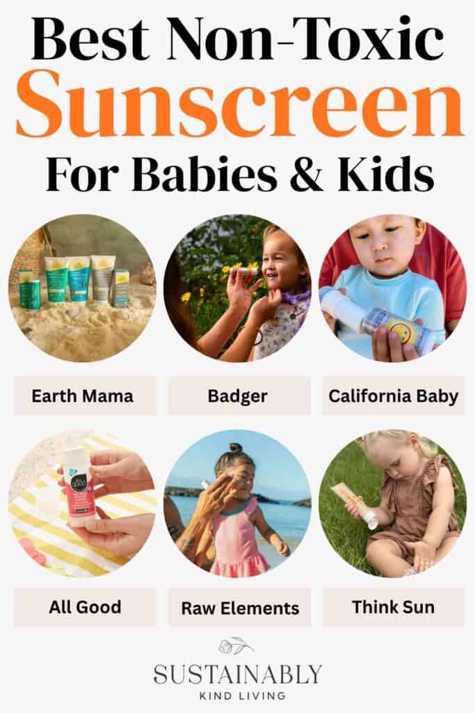 Image titled “Best Non-Toxic Sunscreen for Babies & Kids” featuring six brands—Earth Mama, Badger, California Baby, All Good, Raw Elements, and Think Sun—alongside images of children applying sunscreen outdoors.
