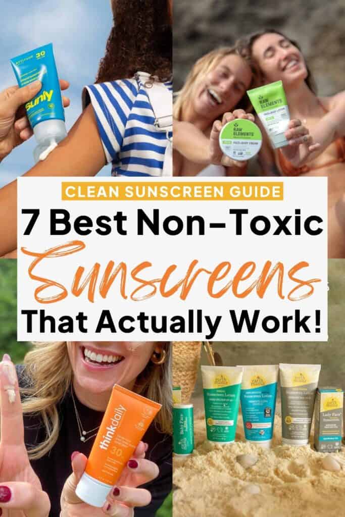 Image titled “Clean Sunscreen Guide: 7 Best Non-Toxic Sunscreens That Actually Work” featuring people applying and holding mineral sunscreen products.