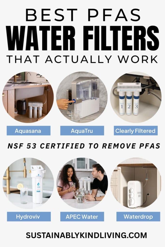 Image titled “Best PFAS Water Filters That Actually Work” showing six filtration systems—Aquasana, AquaTru, Clearly Filtered, Hydroviv, APEC Water, and Waterdrop—with product images in circular frames and a note highlighting NSF 53 certification for PFAS removal.