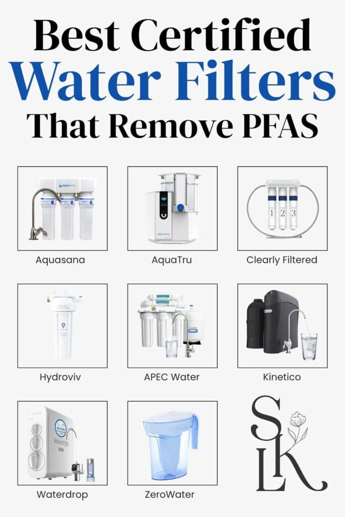 Image titled “Best Certified Water Filters That Remove PFAS” featuring images of multiple filtration systems including Aquasana, AquaTru, Clearly Filtered, Hydroviv, APEC Water, Kinetico, Waterdrop, and ZeroWater.