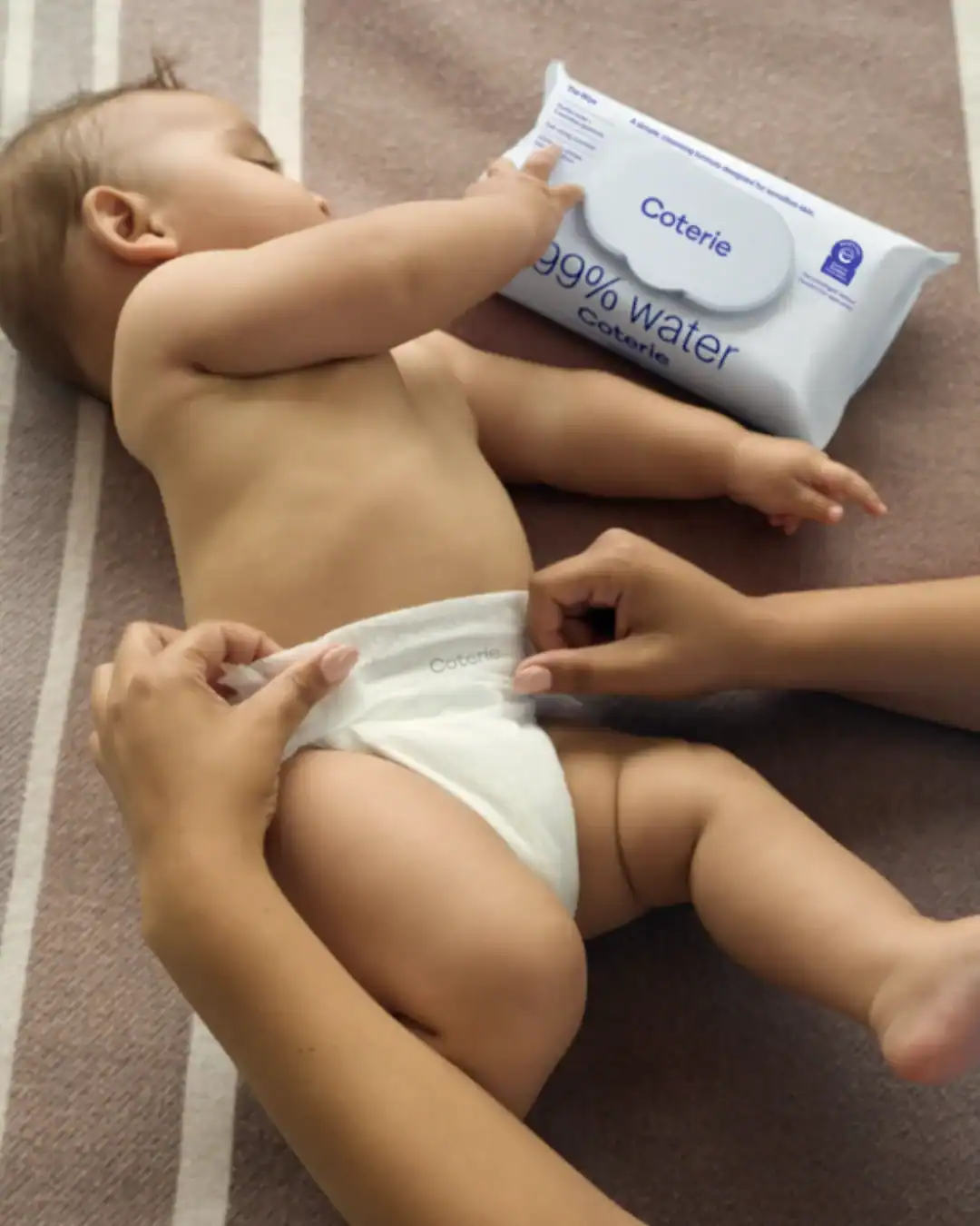 Coterie premium baby wipes are made with VEOCEL lyocell fibers and a gentle water-based formula.