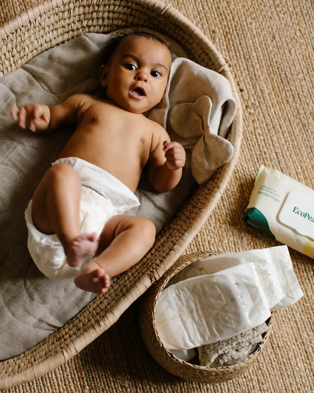 Eco Pea Co bamboo diapers are made with FSC-certified bamboo pulp and chlorine-free materials.