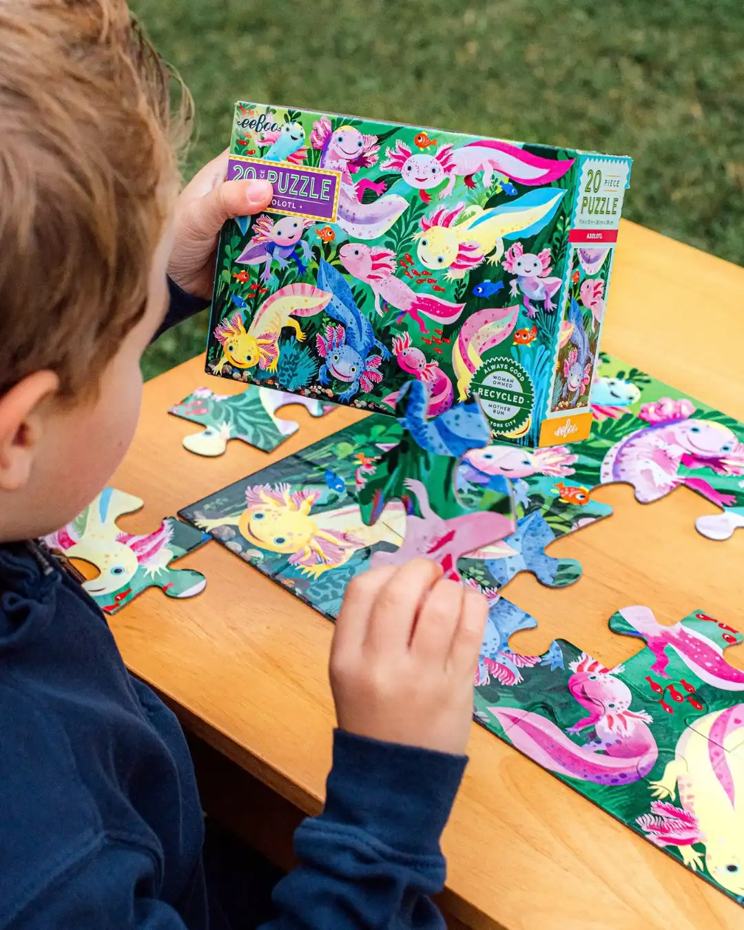 Recycled cardboard puzzles for kids with vegetable-based inks.
