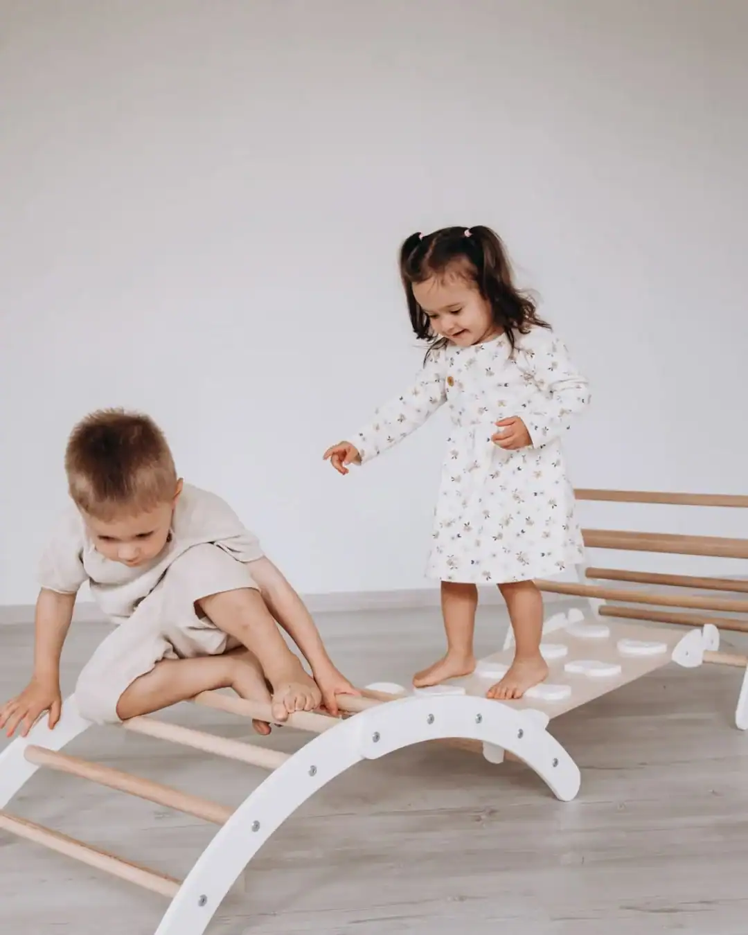 Wooden Montessori climbing set for toddlers made with non-toxic finishes.