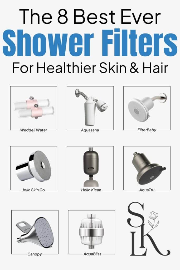 Text reading "The 8 Best Ever Shower Filters For Healthier Skin & Hair", featuring shower filters from brands like Weddell Water, Aquasana, FilterBaby and more.