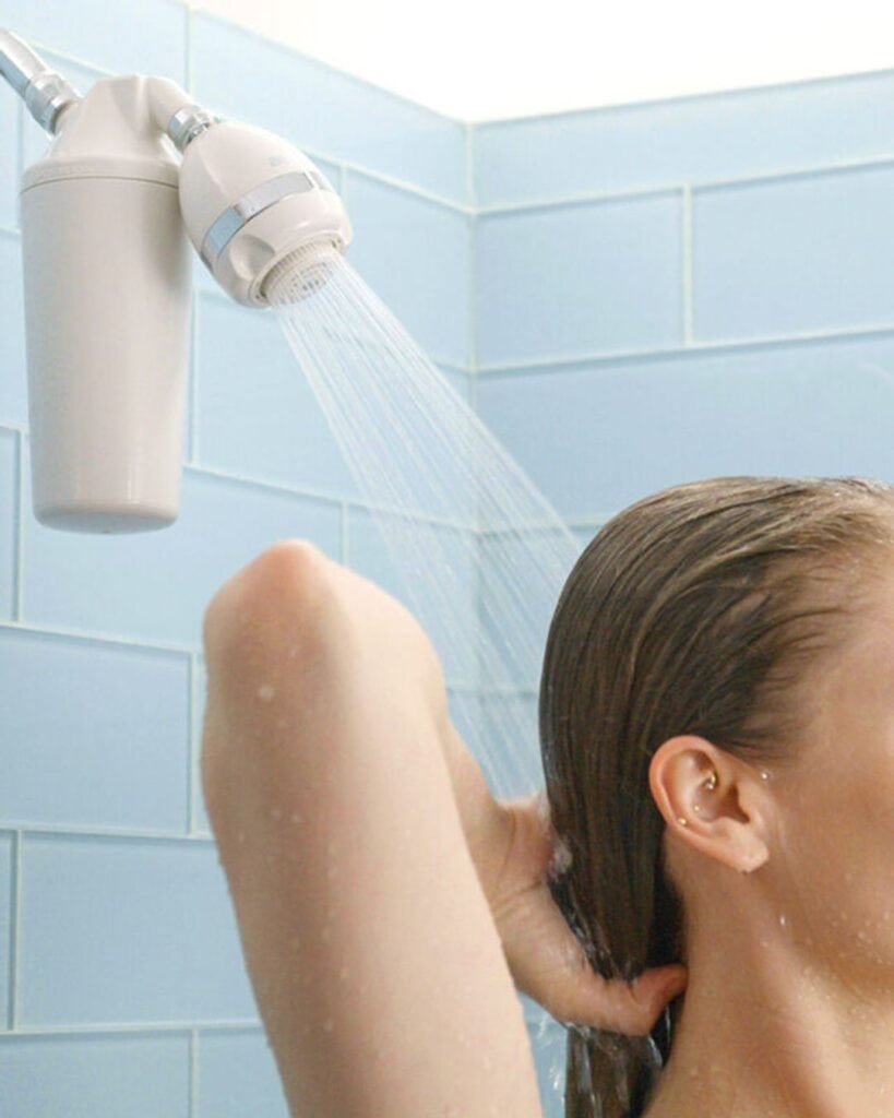 Aquasana shower filter designed to reduce chlorine and improve water quality for skin and hair.
