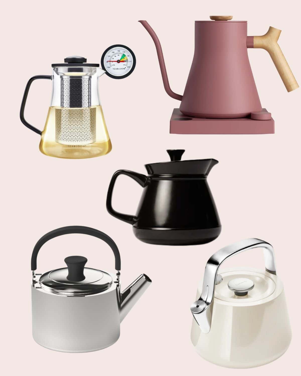 Five tea kettles featured in our non-toxic tea kettle guide, including glass, ceramic, stainless steel and a wood-handled electric kettle on a blush background.
