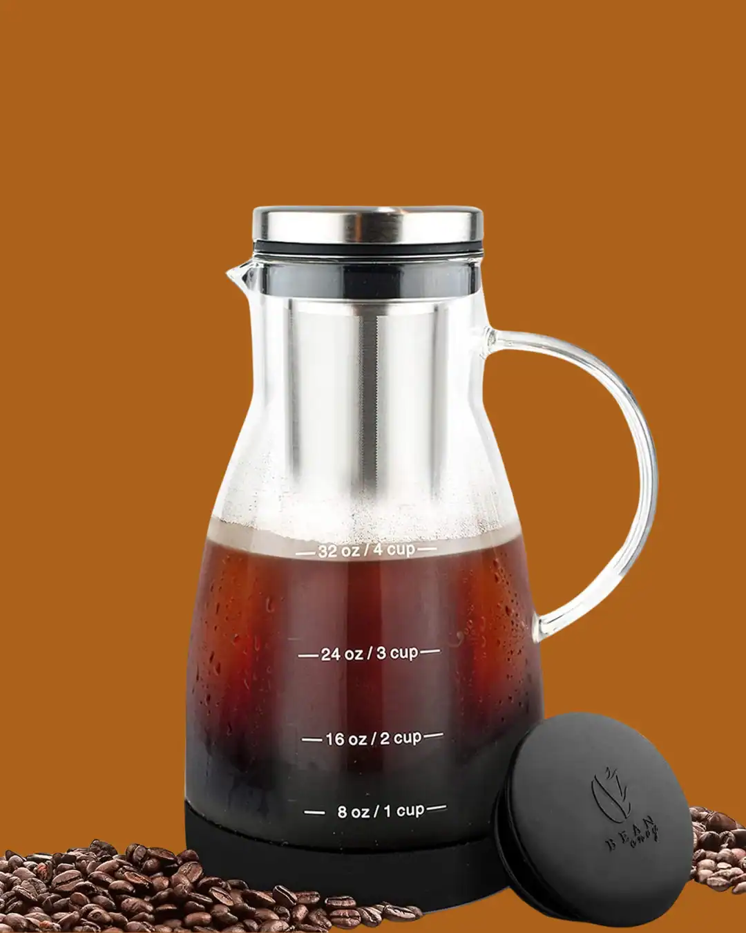 Bean Envy cold brew coffee maker with glass carafe and stainless steel filter for non-toxic brewing.
