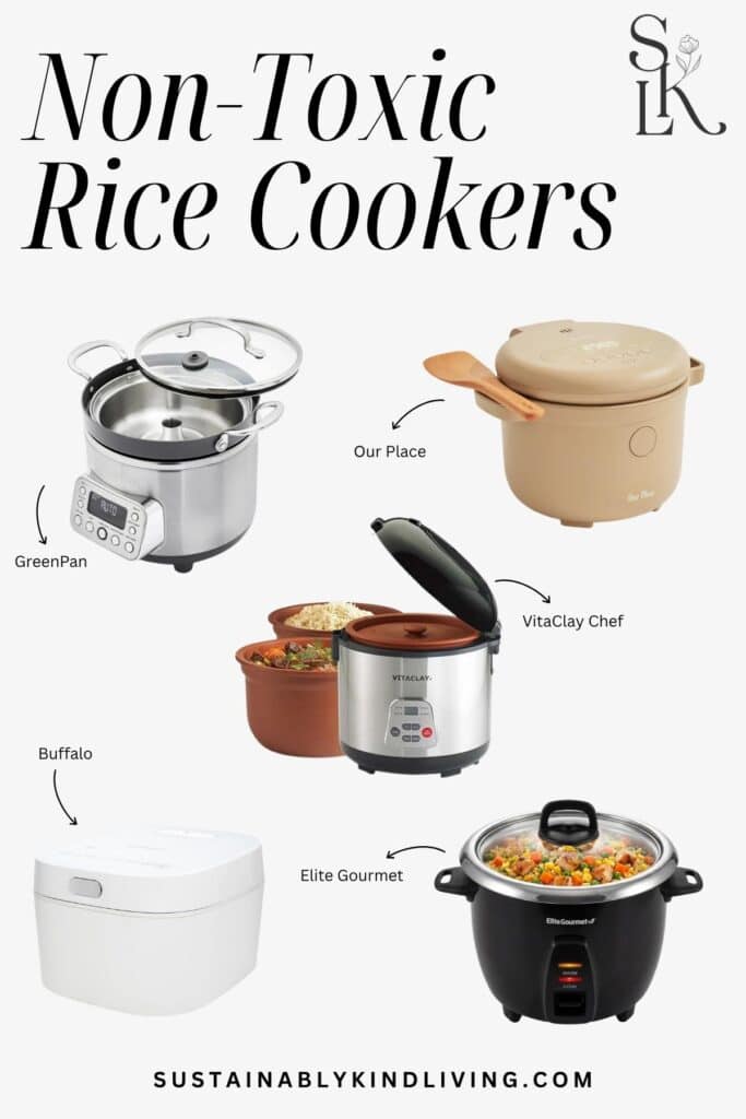 Image titled “Non-Toxic Rice Cookers” featuring five models labeled GreenPan, Our Place, VitaClay Chef, Buffalo, and Elite Gourmet, showcasing stainless steel, clay, and ceramic options.