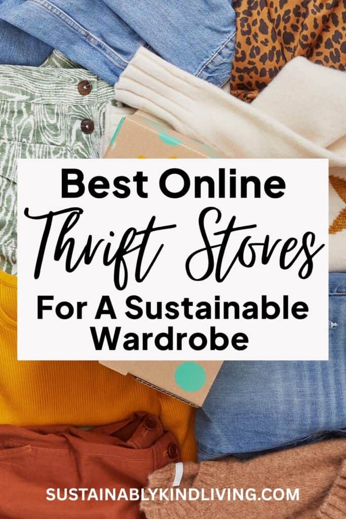 Flat lay of folded clothing and a shipping box, with text “Best Online Thrift Stores for a Sustainable Wardrobe,” highlighting secondhand shopping for eco-friendly fashion.