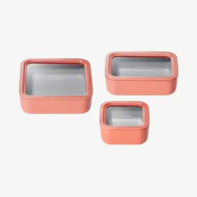 Caraway Food Storage Trio with ceramic-coated glass containers in multiple sizes, a non-toxic food storage option for leftovers, meal prep, and plastic-free kitchen organization.