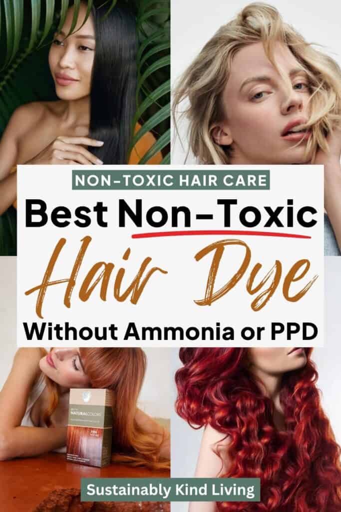 Best non-toxic hair dye guide image featuring women with different hair colors and styles, highlighting safer hair dye options without ammonia or PPD.