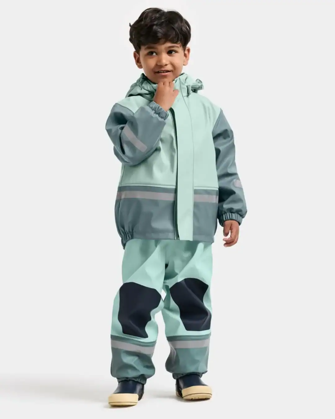 Didriksons kids rain suit, polyurethane waterproof, durable outdoor gear.