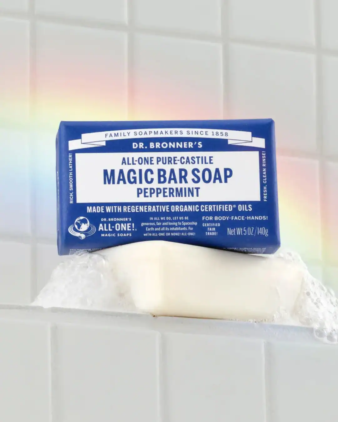 Dr Bronner's non-toxic castile bar soap, organic oils, multi-use soap bar.