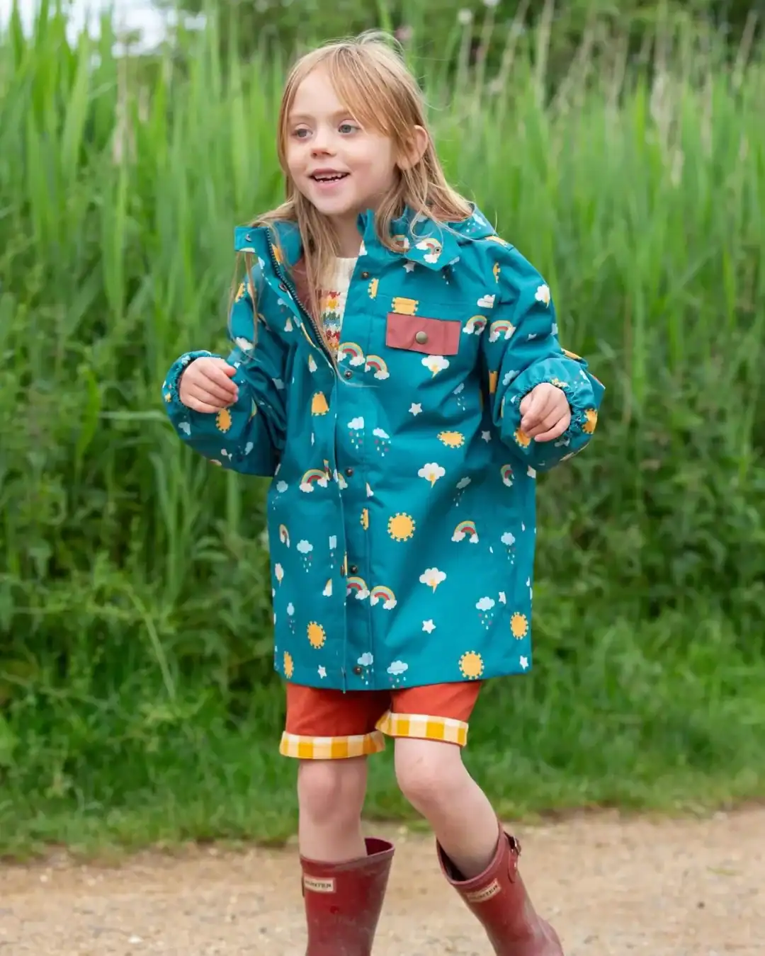 Little Green Radicals kids rain jacket, organic cotton lining, waterproof.
