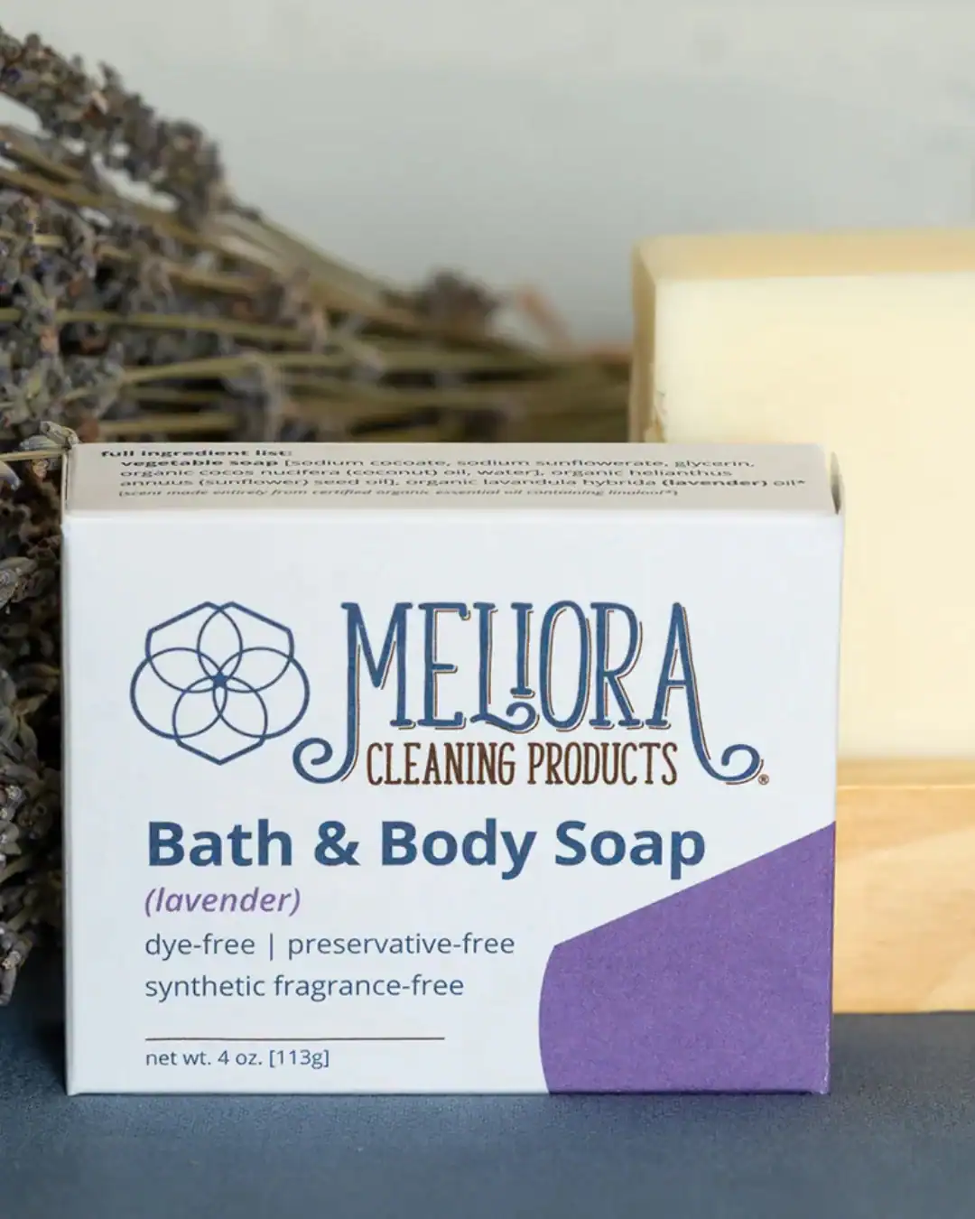 Meliora non-toxic bar soap made safe, certified, simple ingredients: coconut, sunflower oil.