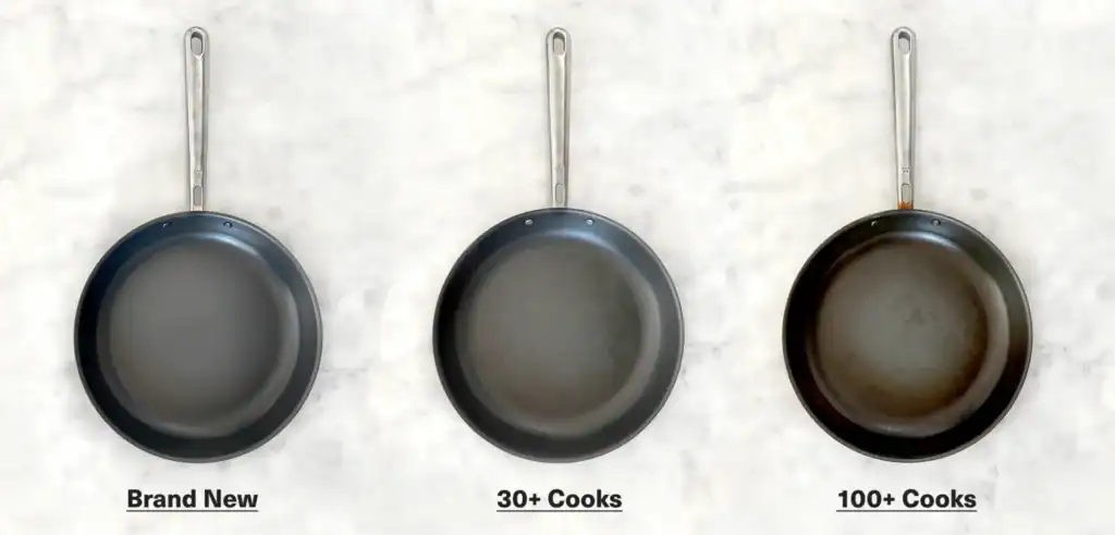 Misen carbon nonstick pan before and after 100 cooks showing nitrided surface durability no coating peeling.