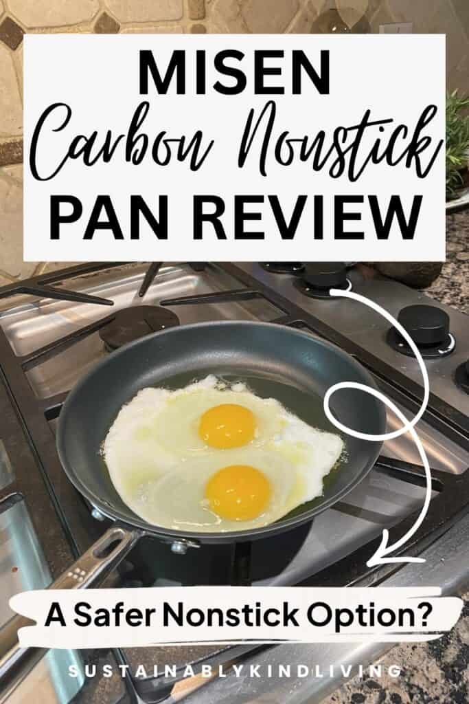 Misen carbon nonstick pan cooking eggs on stovetop with text overlay “Carbon Nonstick Pan Review” and “A Safer Nonstick Option?” highlighting PFAS-free cookware alternative.