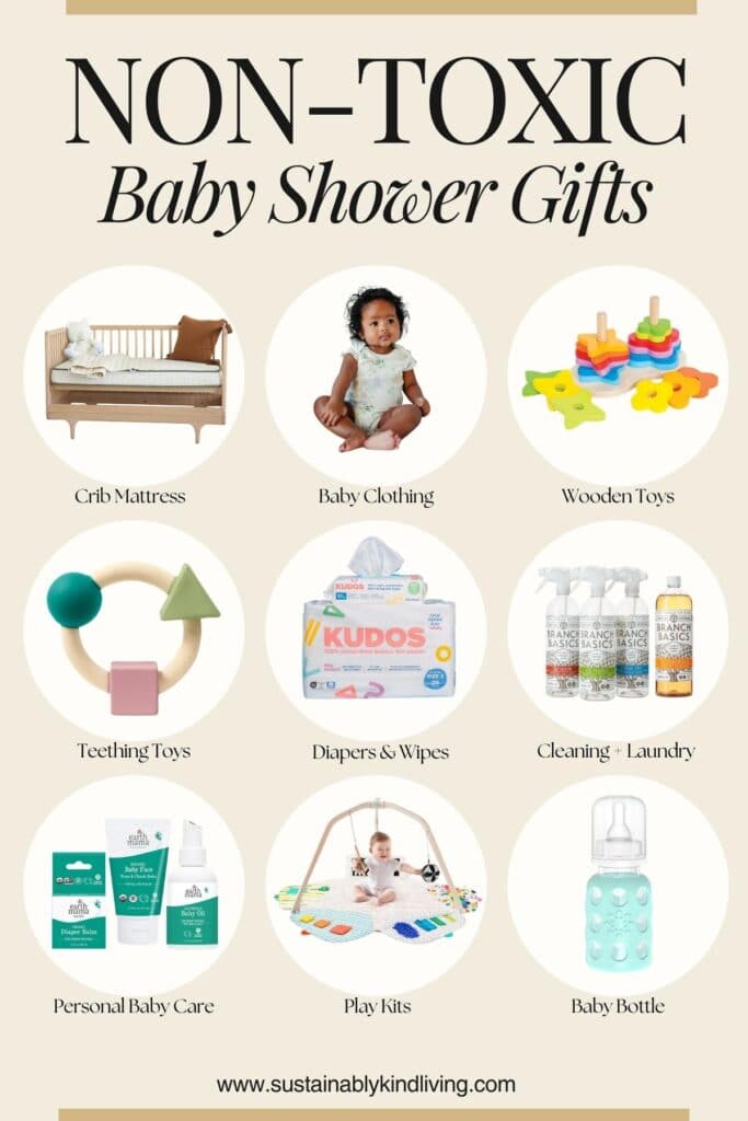 Non-toxic baby shower gifts infographic featuring categories like crib mattress, baby clothing, wooden toys, teething toys, diapers and wipes, cleaning and laundry, baby care products, play kits, and glass baby bottle on a neutral beige background.