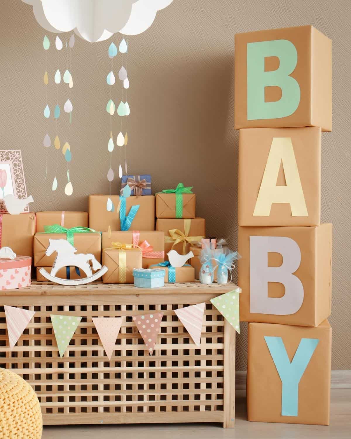 Non-toxic baby shower gifts, including organic baby clothes, glass bottles, wooden toys, and clean baby care products.