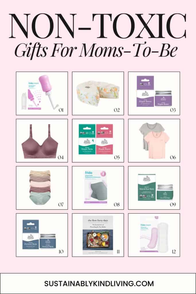 Non-toxic gifts for moms-to-be infographic featuring postpartum essentials like nursing bra, disposable underwear, peri bottle, nipple balm, perineal care, postpartum pads, organic clothing, and The First 40 Days book on a soft pink background.