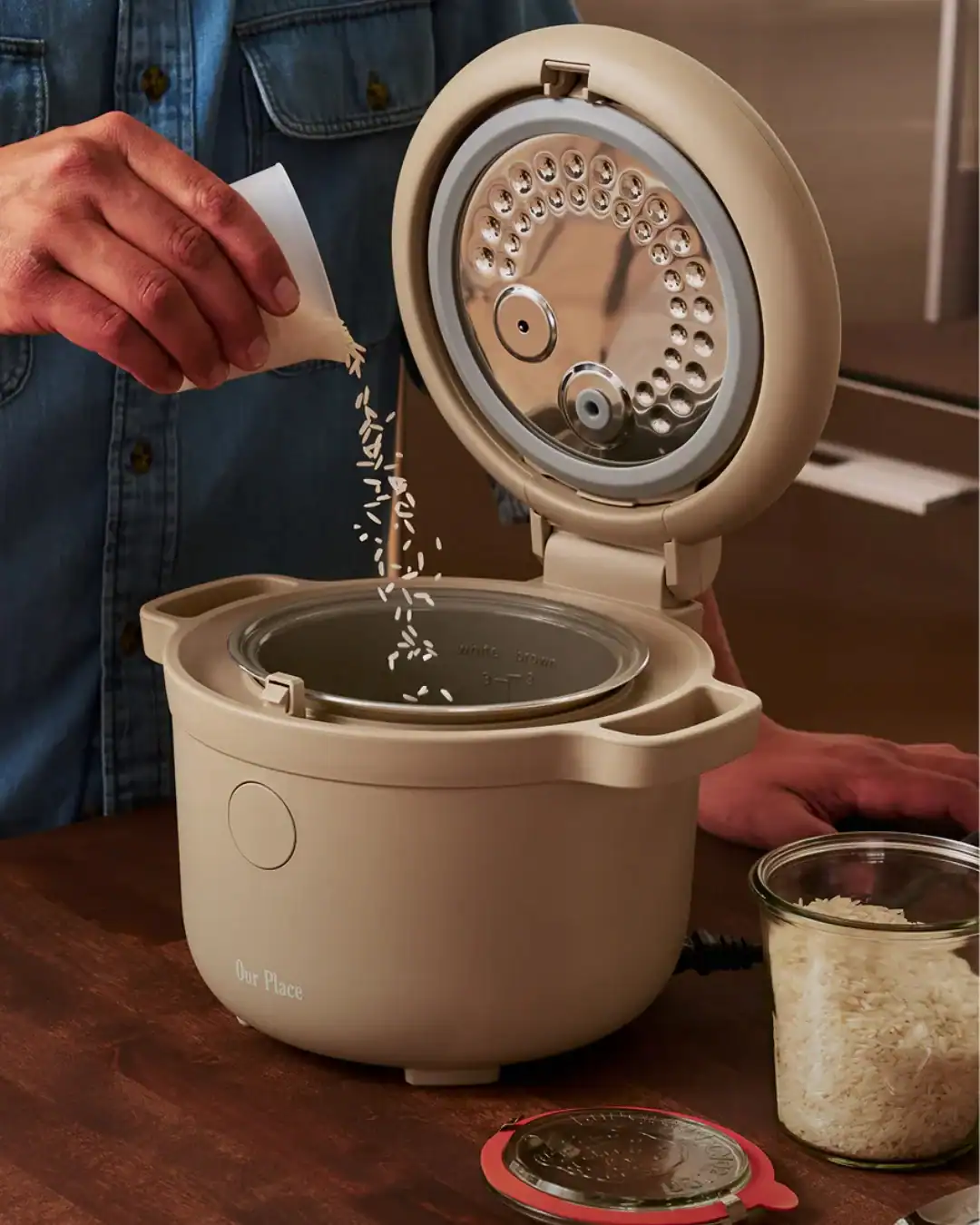 Our Place rice cooker with PFAS-free ceramic nonstick inner pot for everyday use.