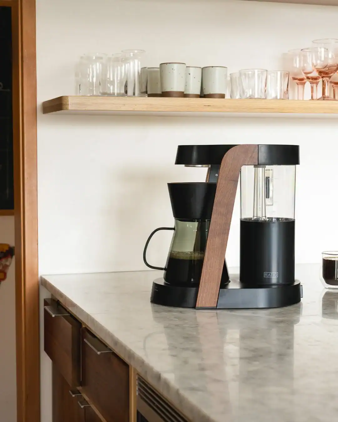 Ratio Eight Series 2 electric coffee maker with glass and stainless steel for safer brewing.