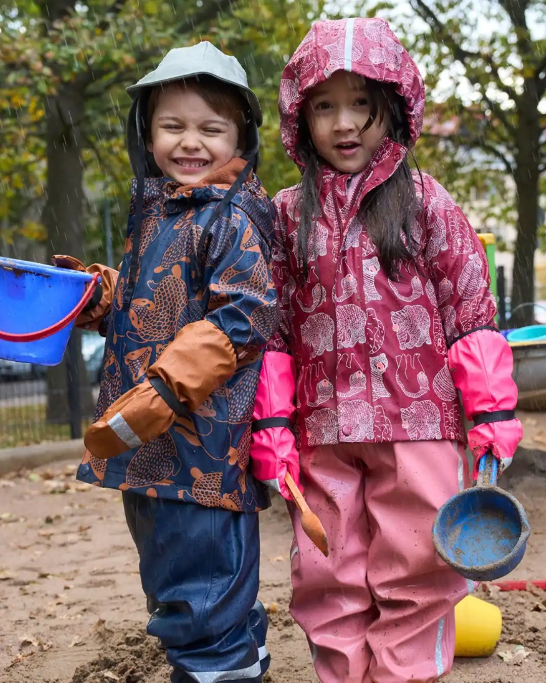 Reima kids rain jacket PFAS free waterproof jacket, polyurethane coating.