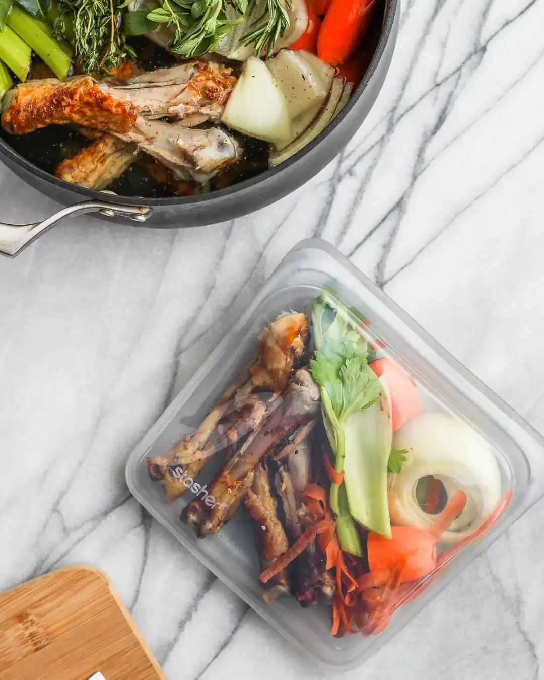 Reusable silicone bags used for steaming and reheating food in the microwave.