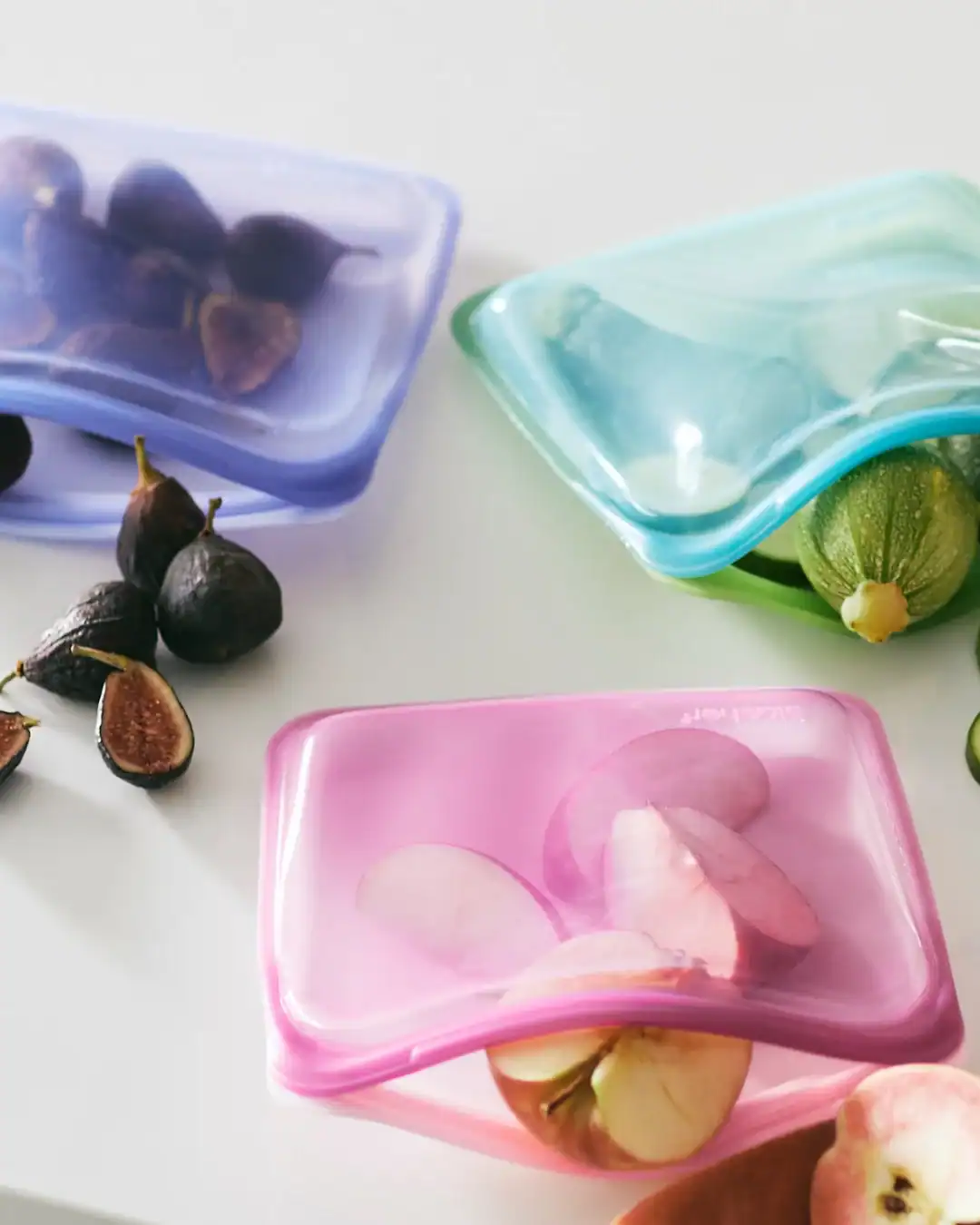 Stasher reusable silicone food storage bags for snacks and freezer storage.