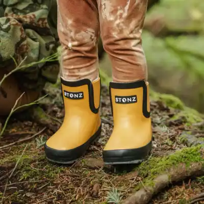 Stonz kids rain boots made from natural rubber without PVC or harmful chemicals for safer everyday wear.