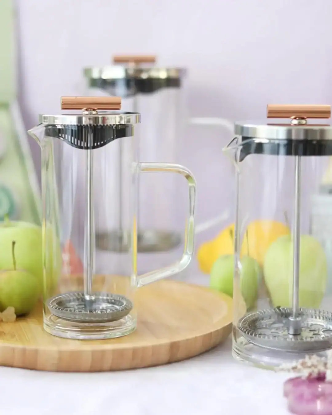 Teabloom glass French press coffee maker with stainless steel filter and low-tox materials.