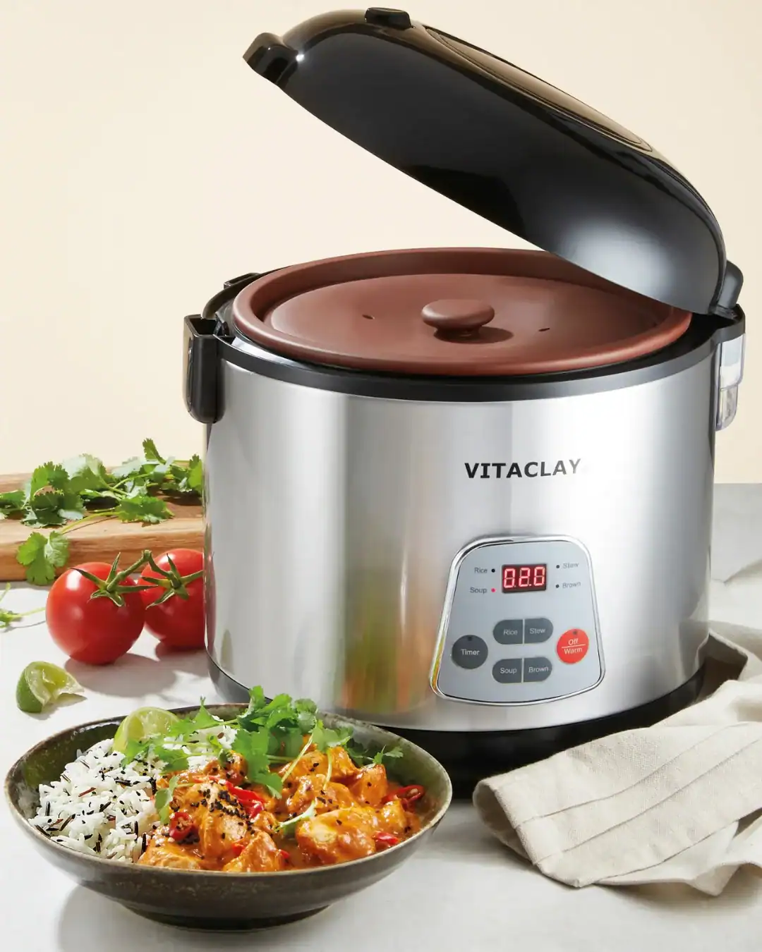 Vitaclay Chef rice cooker with a natural, unglazed clay pot for non-toxic cooking.