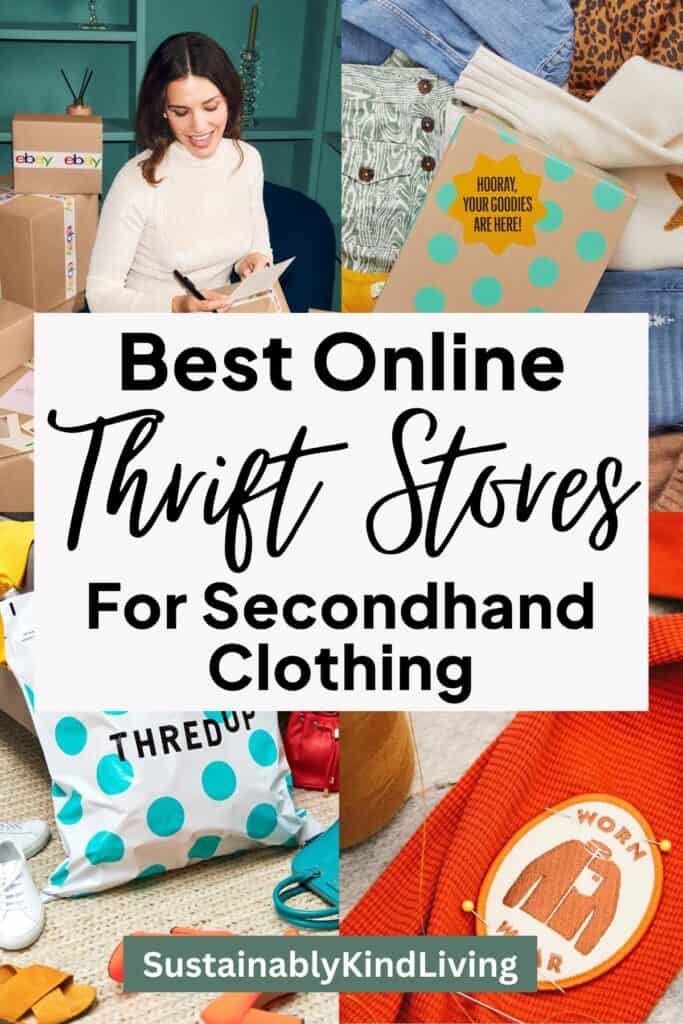 Collage of secondhand clothing and shipping packages from online thrift stores, with text “Best Online Thrift Stores For Secondhand Clothing,” highlighting affordable and sustainable ways to shop pre-loved fashion.