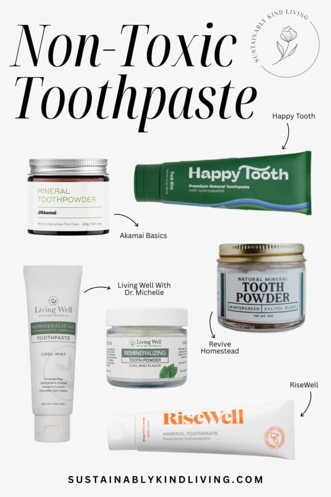Image featuring five non-toxic fluoride-free toothpaste and tooth powder products on a light gray background. Featured brands include Happy Tooth, Akamai Basics, Living Well With Dr. Michelle, Revive Homestead, and RiseWell. Large black text reads “Non-Toxic Toothpaste”.