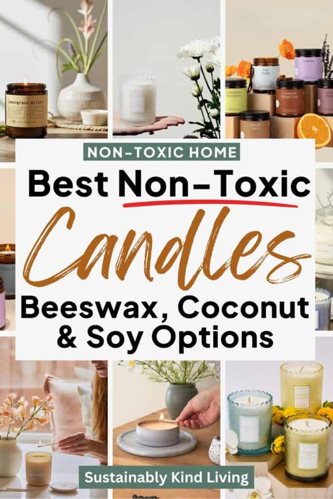 Collage of candles in home settings with text “Best Non-Toxic Candles – Beeswax, Coconut & Soy Options”.