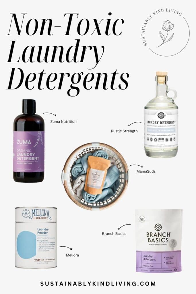 Image featuring non-toxic laundry detergent brands including MamaSuds, Meliora, Branch Basics, Rustic Strength, and Zuma Nutrition.