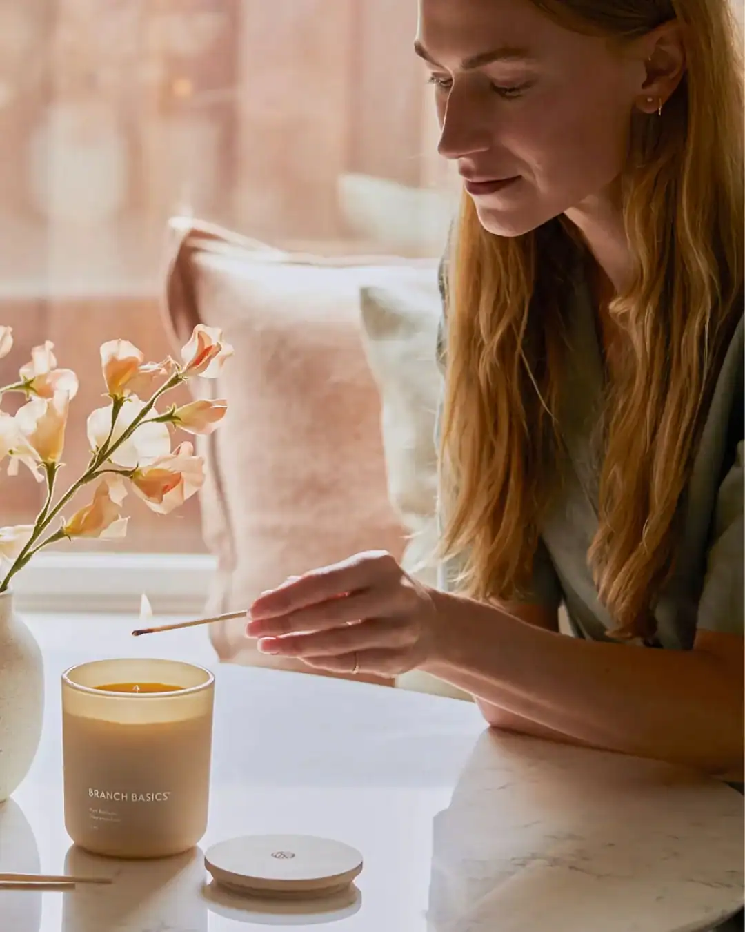 Branch Basics 100% beeswax candle with cotton wick, fragrance-free and non-toxic for sensitive homes.