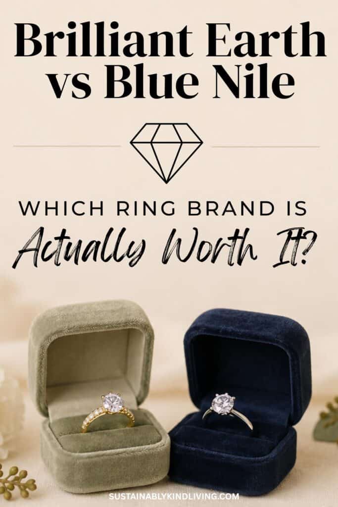 Brilliant Earth vs Blue Nile image featuring two engagement ring boxes and text asking which engagement ring brand is actually worth it.