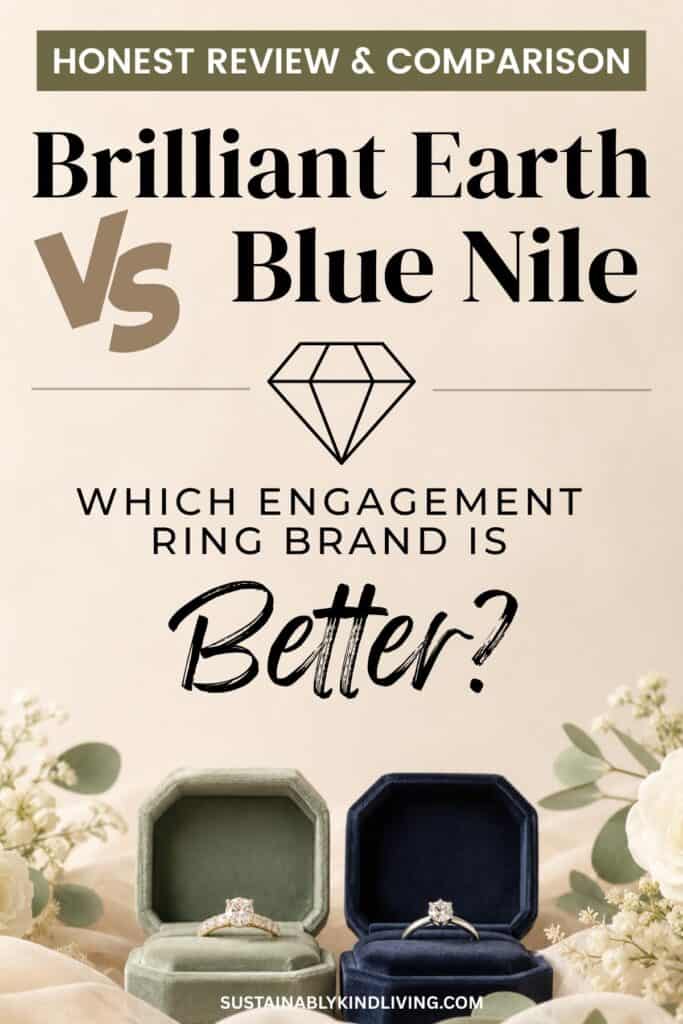 Brilliant Earth vs Blue Nile image comparing ethical engagement ring brands with diamond ring boxes and text asking which engagement ring brand is better.