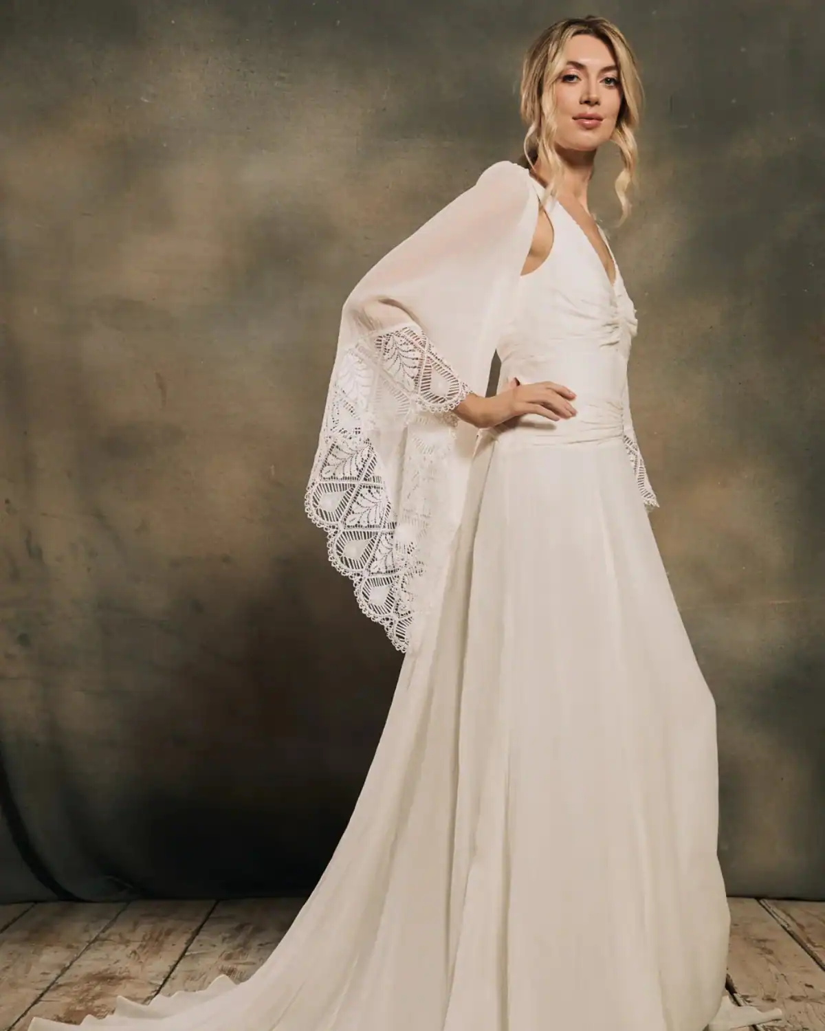 Natural fiber wedding dress from Indie Bride London with soft bohemian styling.