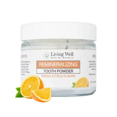 Living Well Kids Tooth Powder in Fresh Citrus flavor made with hydroxyapatite to support enamel health and fluoride-free cavity protection for children.