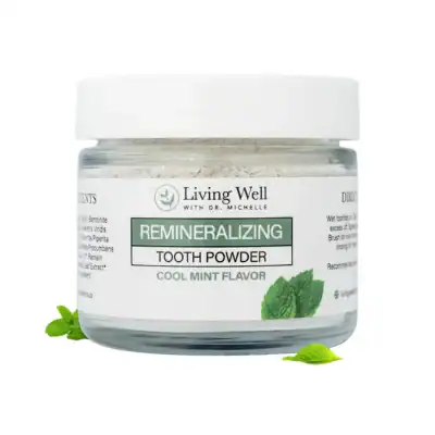 Living Well Remineralizing Tooth Powder in Cool Mint flavor featuring hydroxyapatite, fluoride-free ingredients, and enamel-supporting oral care.