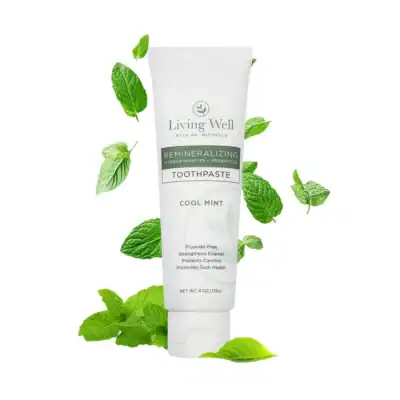 Living Well Remineralizing Toothpaste with hydroxyapatite and PROtektin prebiotics designed to support enamel strength, oral microbiome balance, and fluoride-free dental care.