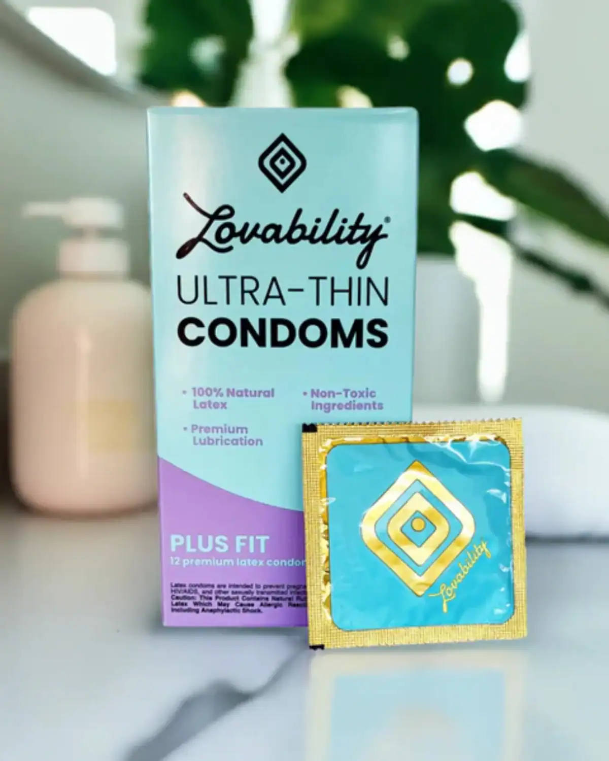 Lovability non-toxic condoms designed for vaginal sensitivity with fragrance-free and spermicide-free ingredients.