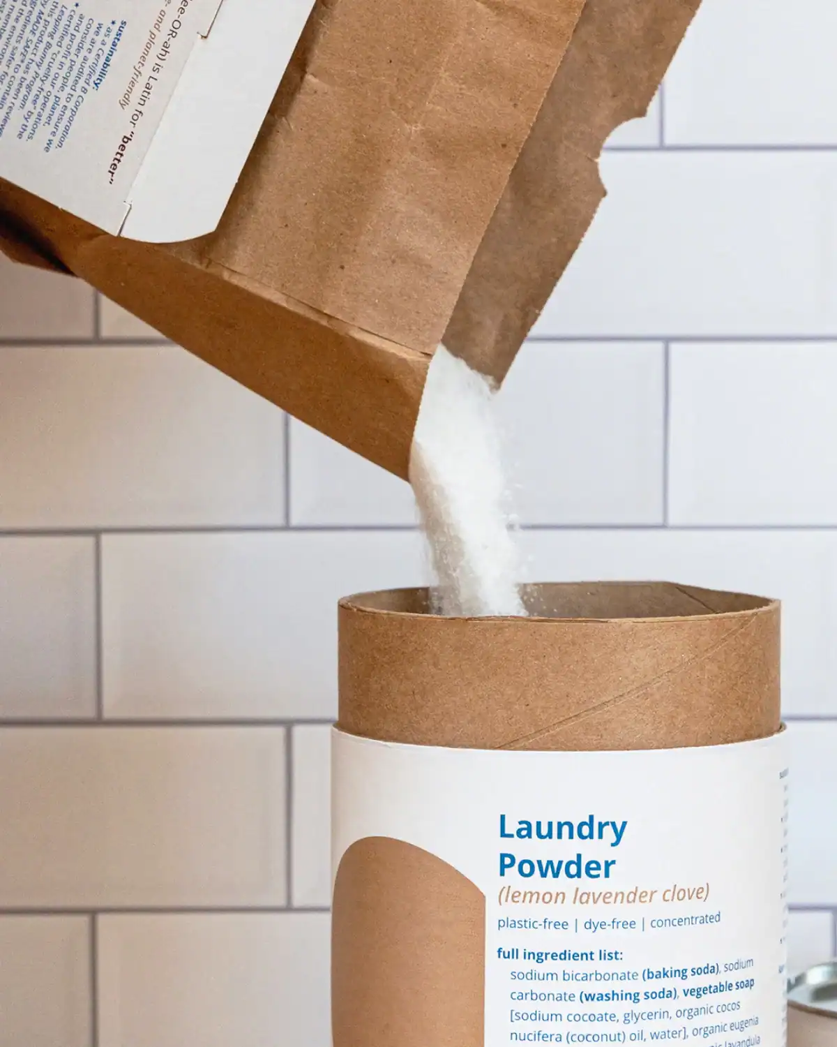 Meliora non-toxic laundry detergent powder with MADE SAFE certification and plastic-free packaging.